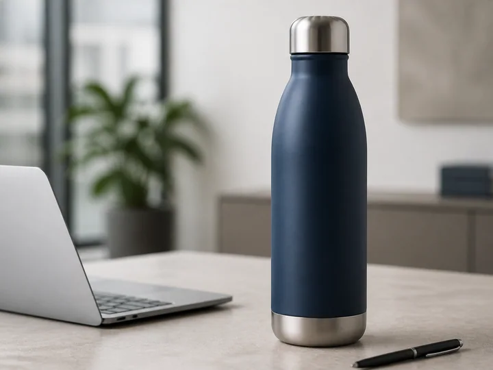 Navy custom water bottle styled on an executive desk