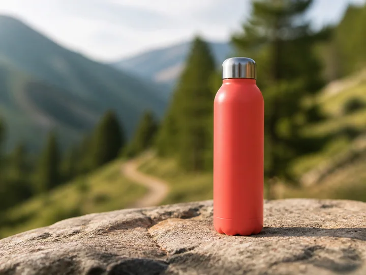 Coral stainless steel water bottle on an outdoor mountain trail