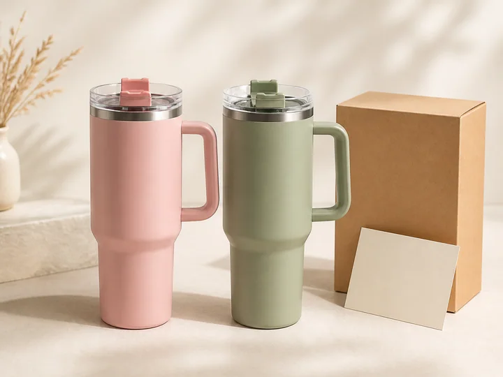 Pink and sage promotional tumblers with branded gift packaging