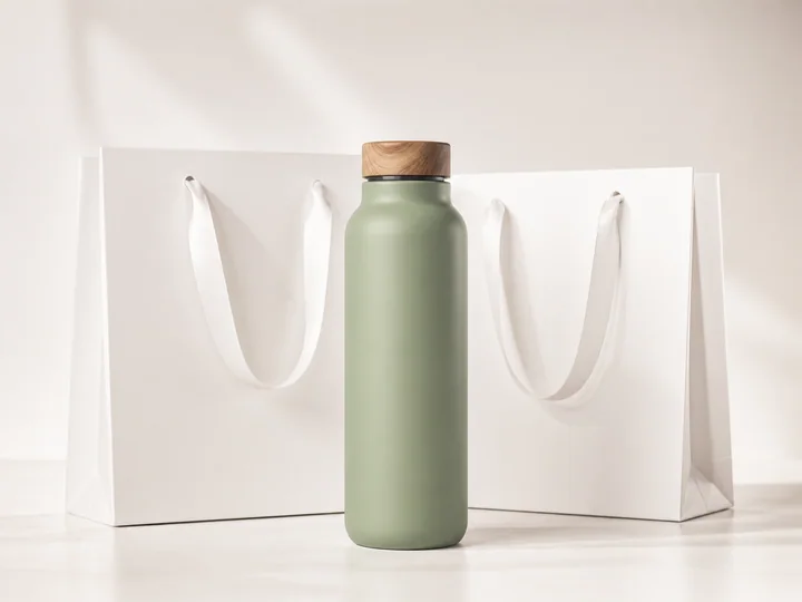 Sage green insulated bottle displayed with retail shopping bags