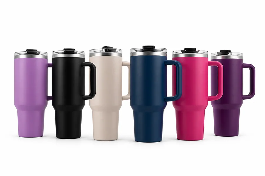 Custom coffee and travel mugs in premium powder-coated finishes