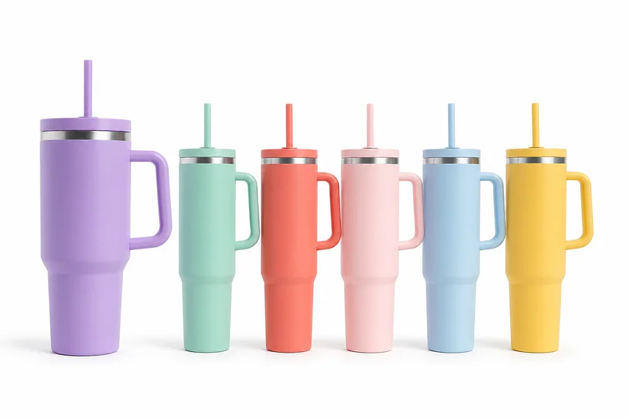 Colorful custom insulated tumblers with handles and straws