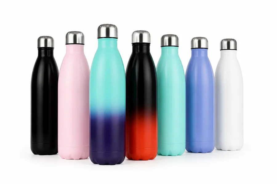 Seven custom stainless steel water bottles in assorted colors