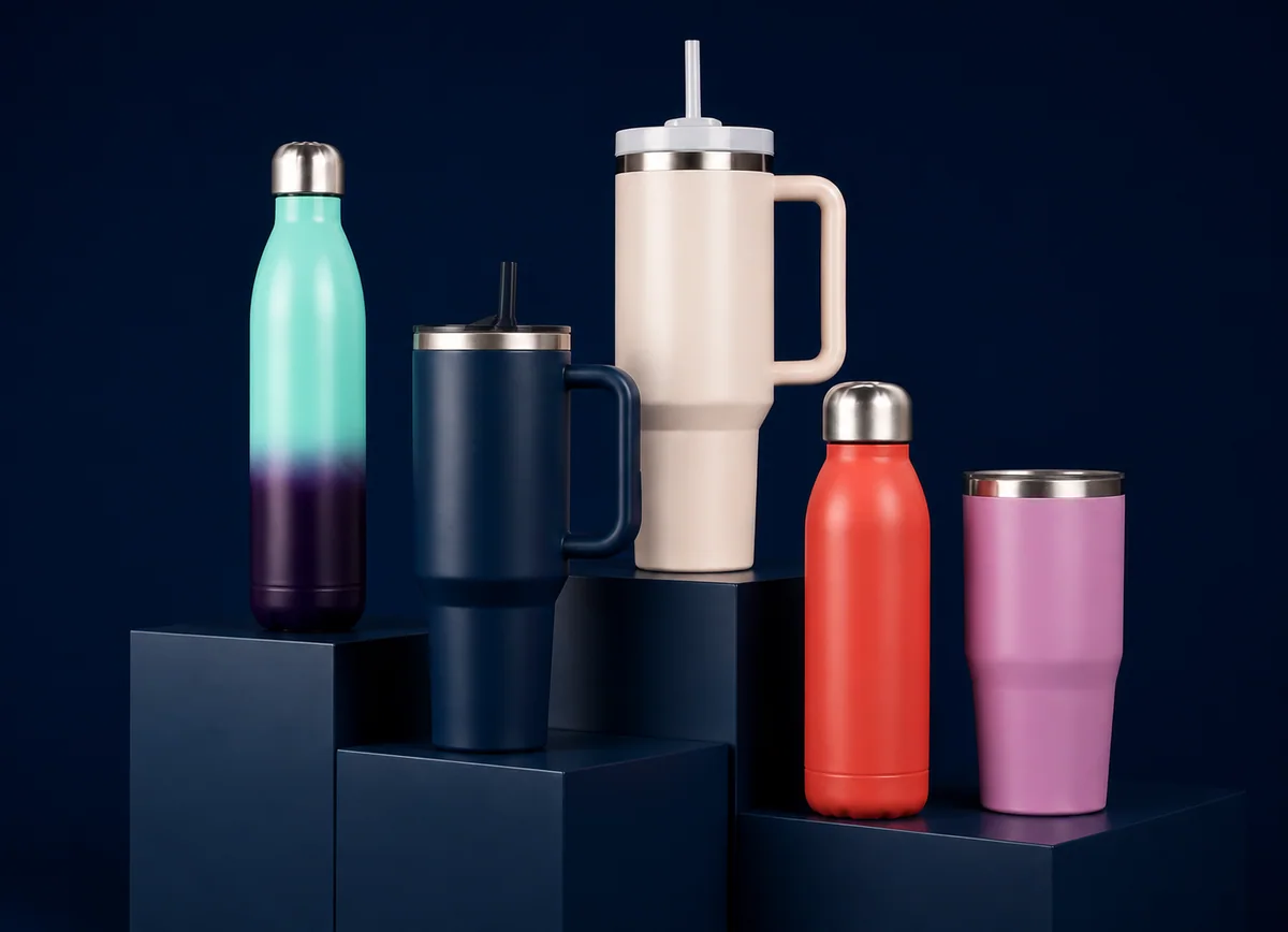 Custom stainless steel bottles, tumblers and travel mugs on navy product plinths