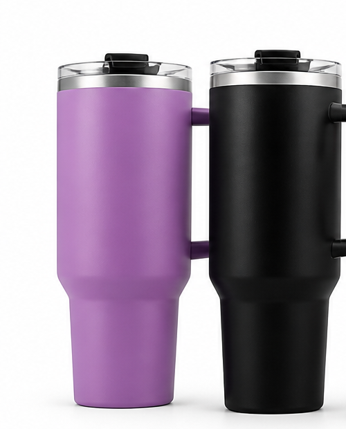 Lavender and black handled travel mugs with clear sip lids