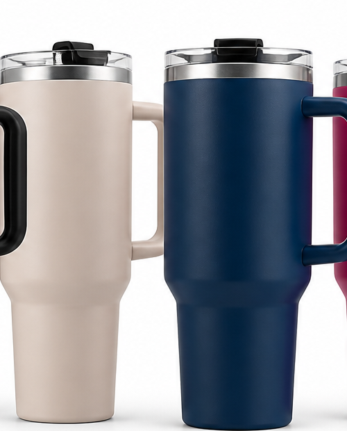 Neutral and navy handled coffee travel mugs with clear sip lids