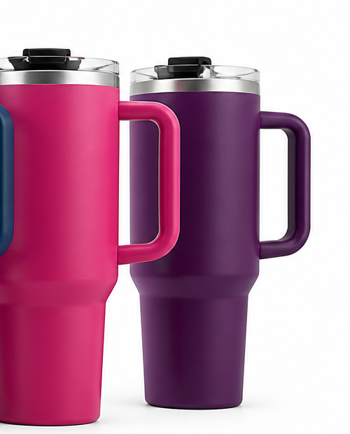 Pink and plum handled travel mugs with clear sip lids